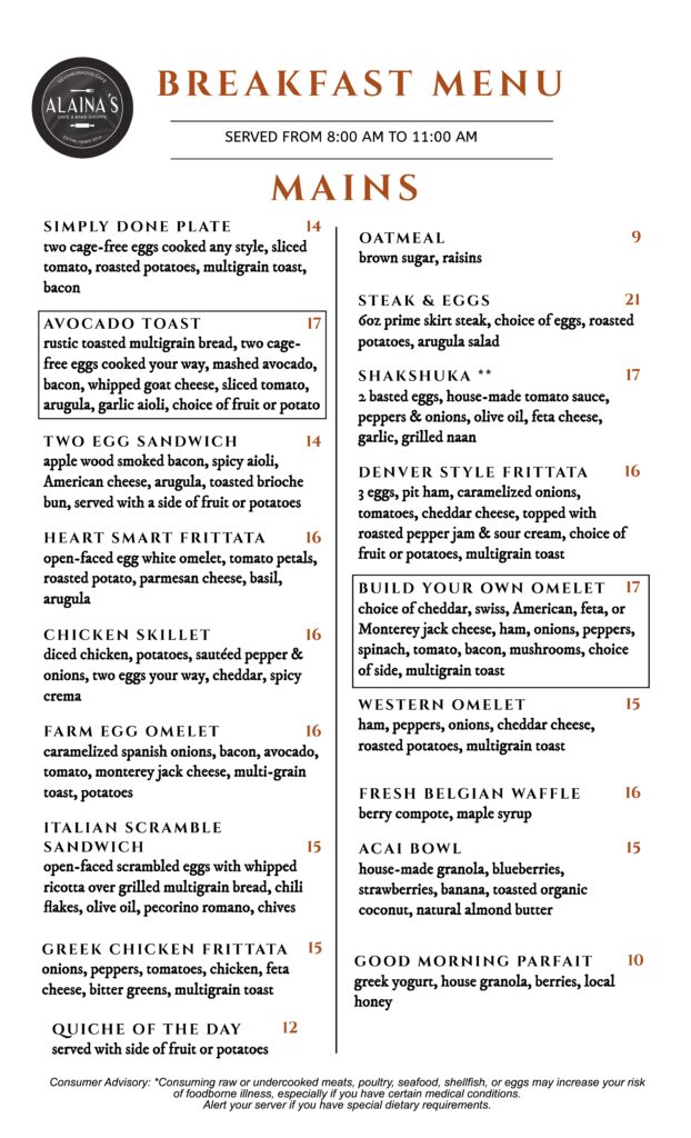 Alaina's Café breakfast menu, page 1 of 2