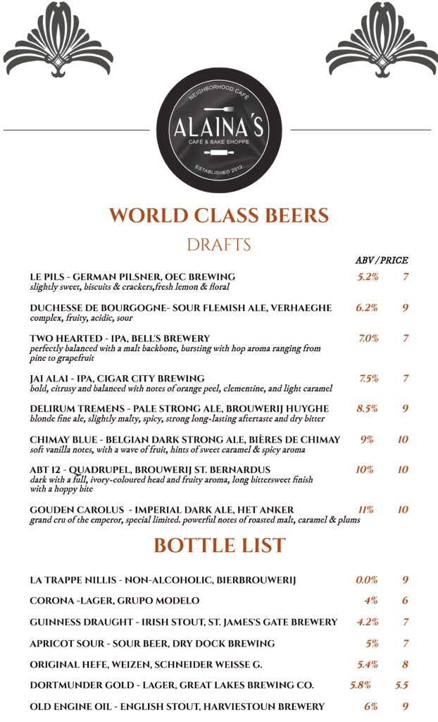 Alaina's Café beer menu, page 1 of 2