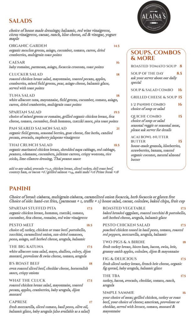 Alaina's Café lunch menu, page 1 of 2