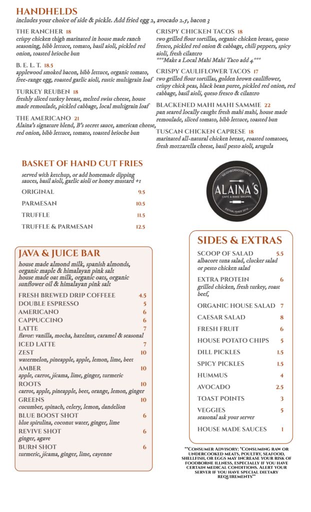 Alaina's Café lunch menu, page 2 of 2