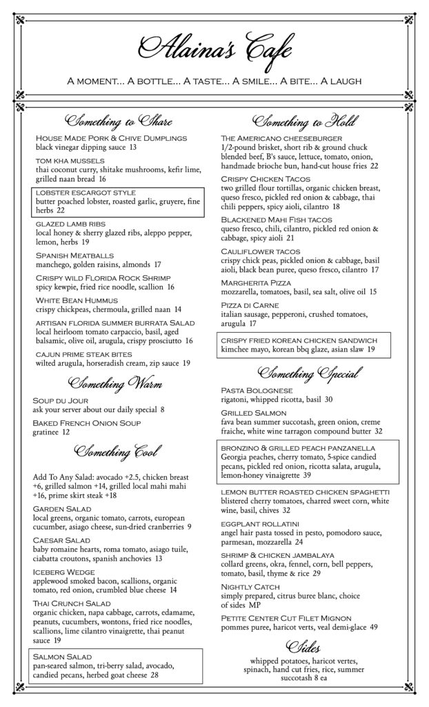 Alaina's Café dinner menu, page 1 of 2